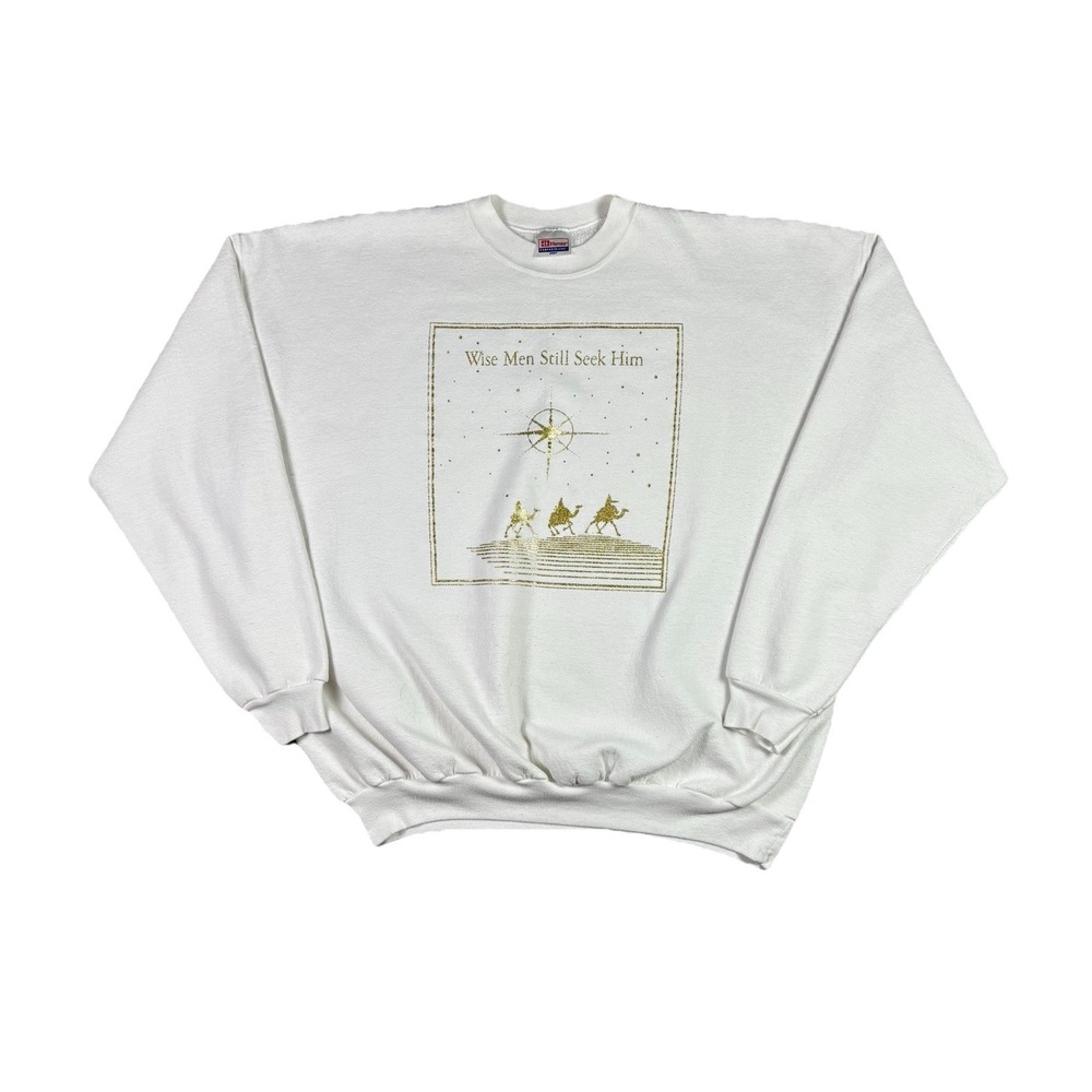 Vintage Hanes Wise Men Still Seek Him Sweatshirt Jesus Christian White 2XL 90s